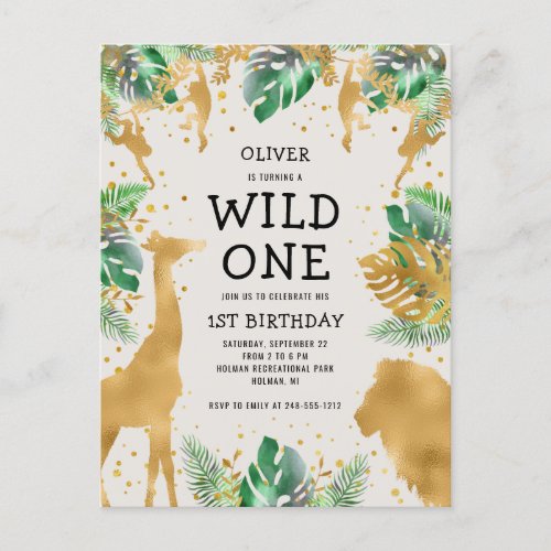 Wild One Safari 1st Birthday Green Gold Ecru Invitation Postcard