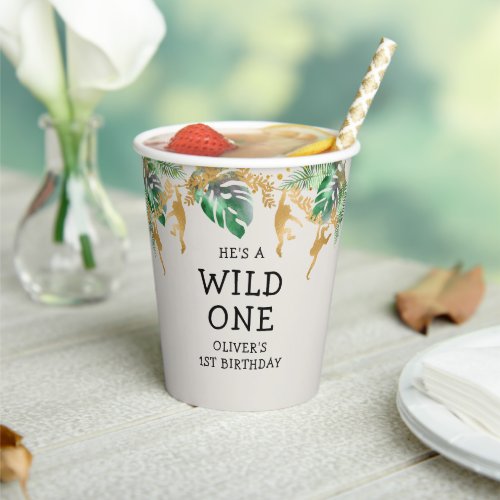 Wild One Safari 1st Birthday Green Gold Ecru Paper Cups