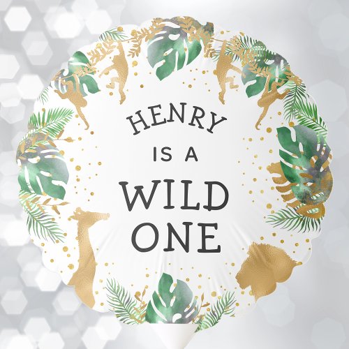 Wild One Safari 1st Birthday Green Gold White Balloon