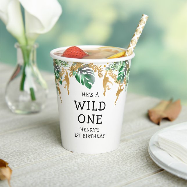 Wild One Safari 1st Birthday Green Gold White Paper Cups (Insitu)