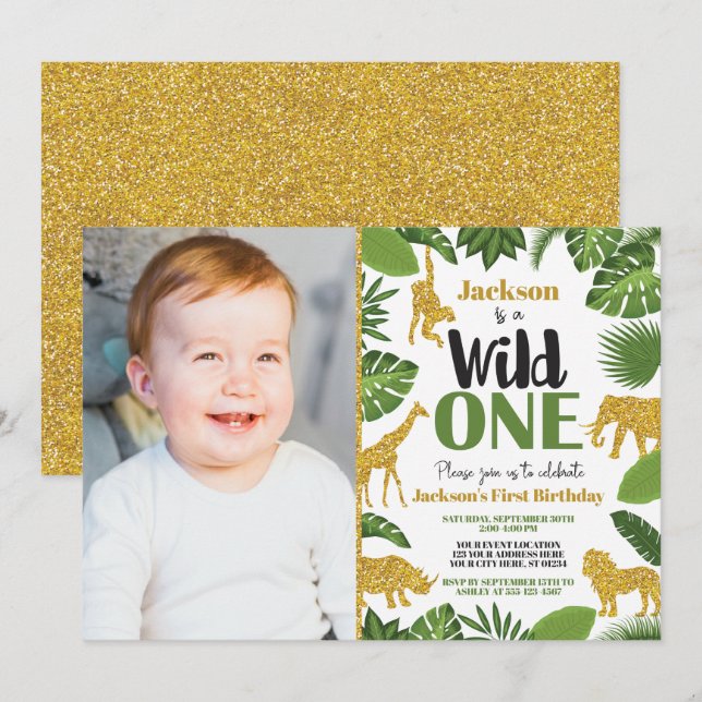 Wild One Safari 1st Birthday Invitation Boy Gold (Front/Back)