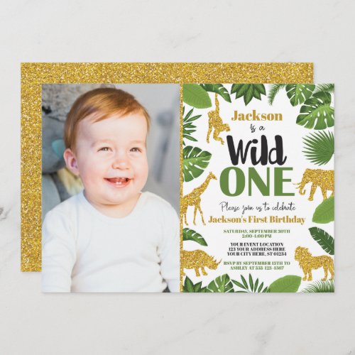 Wild One Safari 1st Birthday Invitation Boy Gold