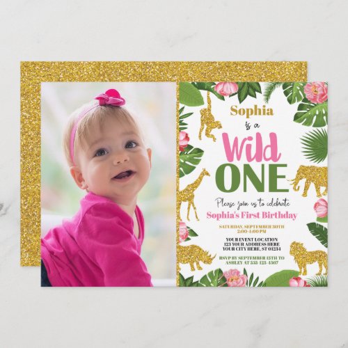 Wild One Safari 1st Birthday Invitation Girl Gold