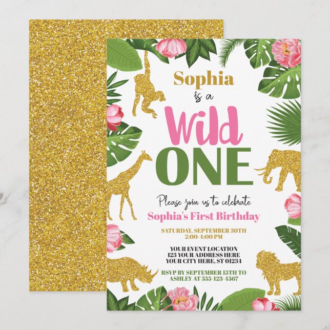 Wild One Safari 1st Birthday Invitation Girl Gold (Front/Back)