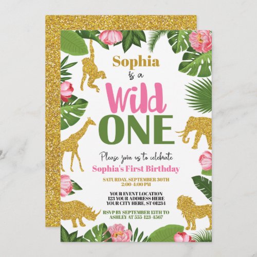 Wild One Safari 1st Birthday Invitation Girl Gold