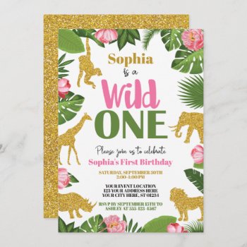Wild One Safari 1st Birthday Invitation Girl Gold by PuggyPrints at Zazzle