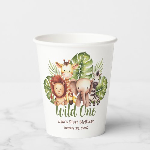 Wild One Safari 1st Birthday Jungle Animals Leaves Paper Cups