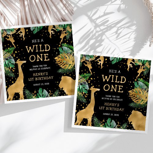 Wild One Safari 1st Birthday Party Green Black Napkins