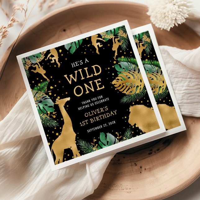 Wild One Safari 1st Birthday Party Green Black Napkins (Creator Uploaded)
