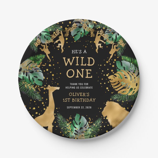 Wild One Safari 1st Birthday Party Green Black Paper Plates (Front)
