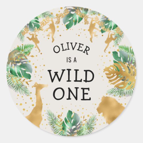 Wild One Safari 1st Birthday Party Green Gold Ecru Classic Round Sticker