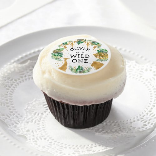 Wild One Safari 1st Birthday Party Green Gold Edible Frosting Rounds