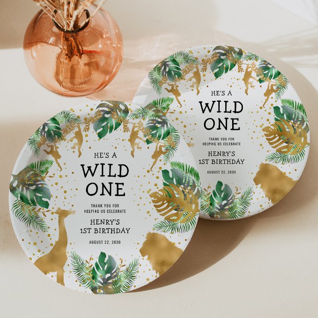 Wild One Safari 1st Birthday Party Green Gold Paper Plates (Creator Uploaded)