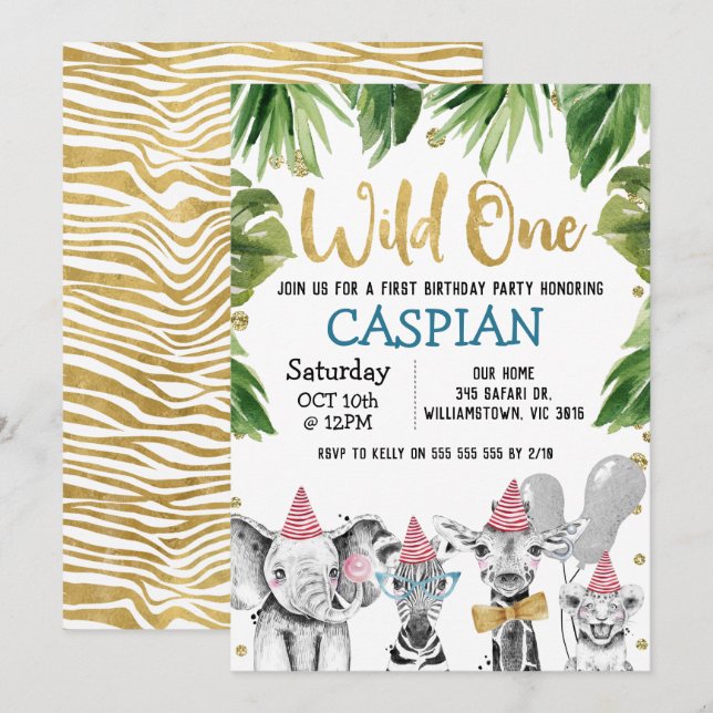 Wild One Safari 1st Birthday Party Invitation (Front/Back)