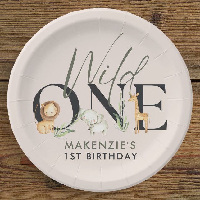 Wild One Safari 1st Birthday Party Paper Plates (A paper plate with "Wild One" text, safari animals, and "Makenzie's 1st Birthday" inscription)