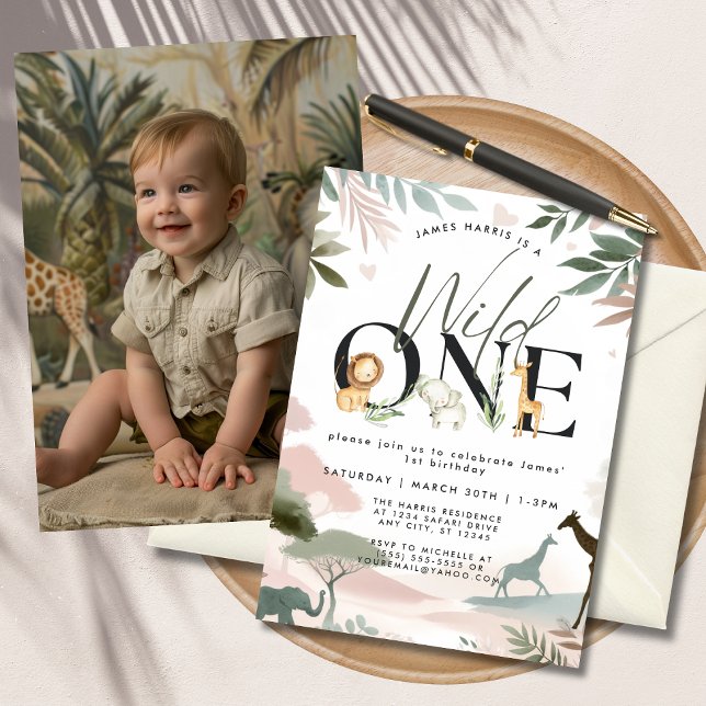 Wild One Safari 1st Birthday Party Photo Invitation (A cute baby boy in a safari-themed setting next to a "Wild One" birthday invite.)