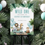 Wild One Safari 1st Birthday Welcome Sign<br><div class="desc">Welcome your guests in style with this Wild One party sign, designed with a teal blue look perfect for any first birthday celebration. The front features soft teal blue balloons for a cheerful, playful feel, paired with a welcoming message or Name Is A Wild One! The text is shown in...</div>