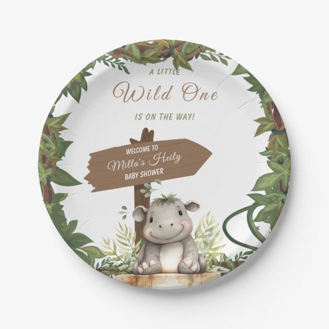 Wild One Safari Adventure Baby Hippo Baby Shower Paper Plates (Front)