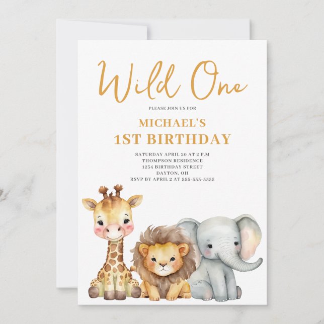 Wild One Safari Animal 1st Birthday Invitation (Front)