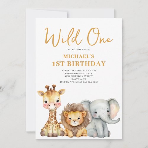 Wild One Safari Animal 1st Birthday Invitation