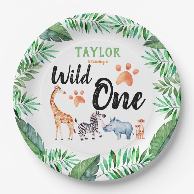 Wild One Safari Animal 1st Birthday Party Paper Plates (Front)