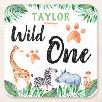 Wild One Safari Animal 1st Birthday Party Square Paper Coaster