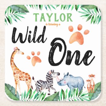 Wild One Safari Animal 1st Birthday Party Square Paper Coaster by LilPartyPlanners at Zazzle