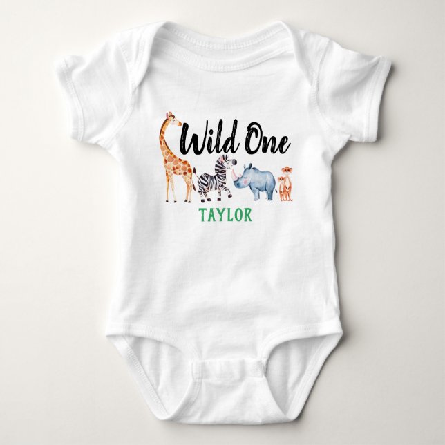 Wild One Safari Animal 1st Birthday Personalized Baby Bodysuit (Front)