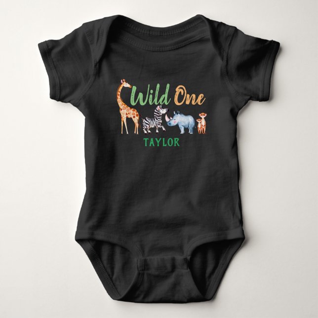 Wild One Safari Animal 1st Birthday Personalized Baby Bodysuit (Front)