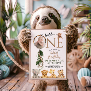 Wild One Safari Animal Balloon 1st Birthday Invitation