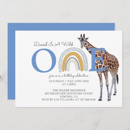 Wild One Safari Animal Blue Boys First Birthday Invitation