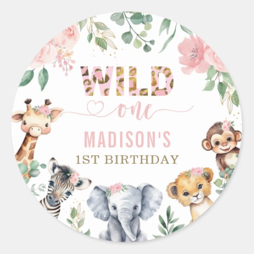 Wild One Safari Animal Blush Floral 1st Birthday Classic Round Sticker