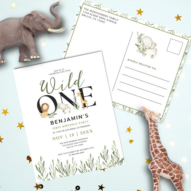 Wild One Safari Animal Boy 1st Birthday Invitation Postcard (Creator Uploaded)
