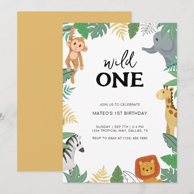 Wild One Safari Animal First Birthday Party Invitation (Front/Back)