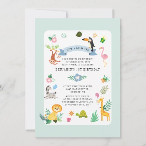 Wild One Safari Animal Gender Neutral 1st Birthday Invitation