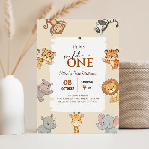Wild One Safari Animal Girl Boy 1st Birthday Party Invitation