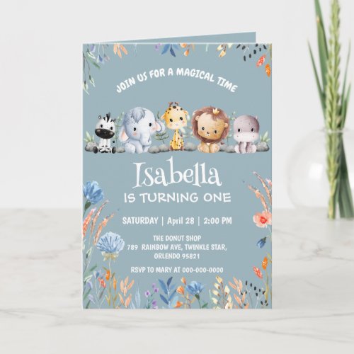 Wild one safari animal jungle Floral Birthday name Invitation