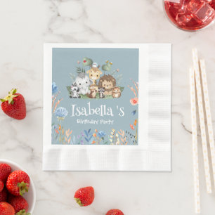 Wild one safari animal jungle Floral Birthday name Napkins