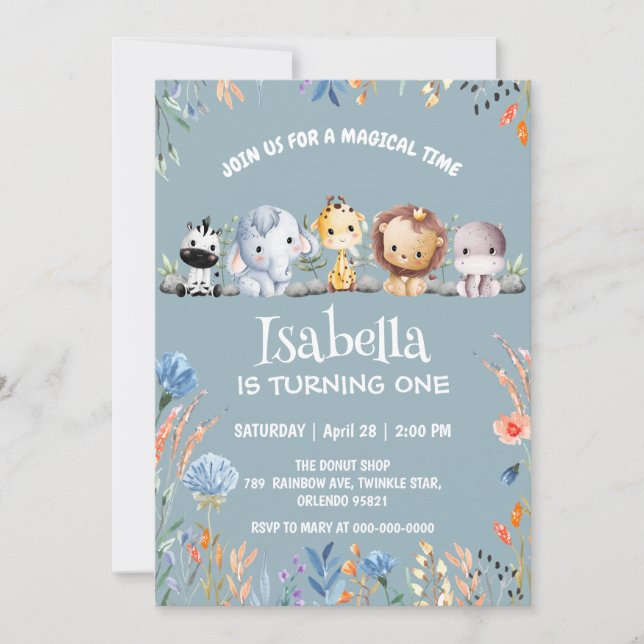 Wild one safari animal jungle Floral Birthday name Thank You Card (Front)
