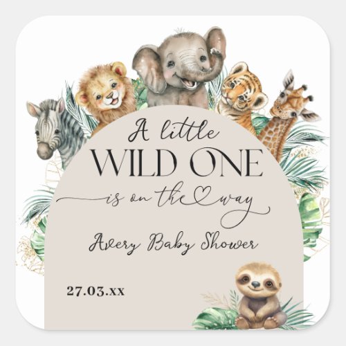 Wild One Safari Animal Jungle Modern Baby Shower Square Sticker