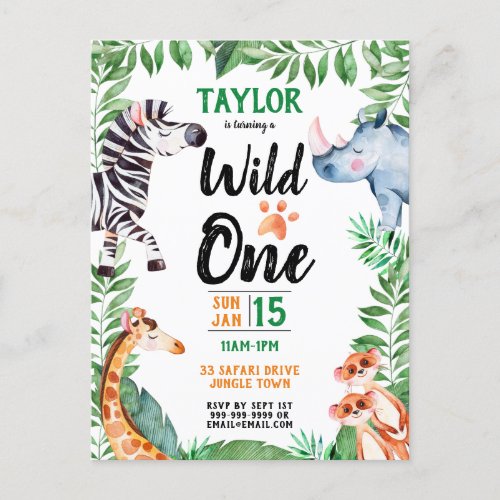 Wild One Safari Animal Kids 1st Birthday Invitation Postcard