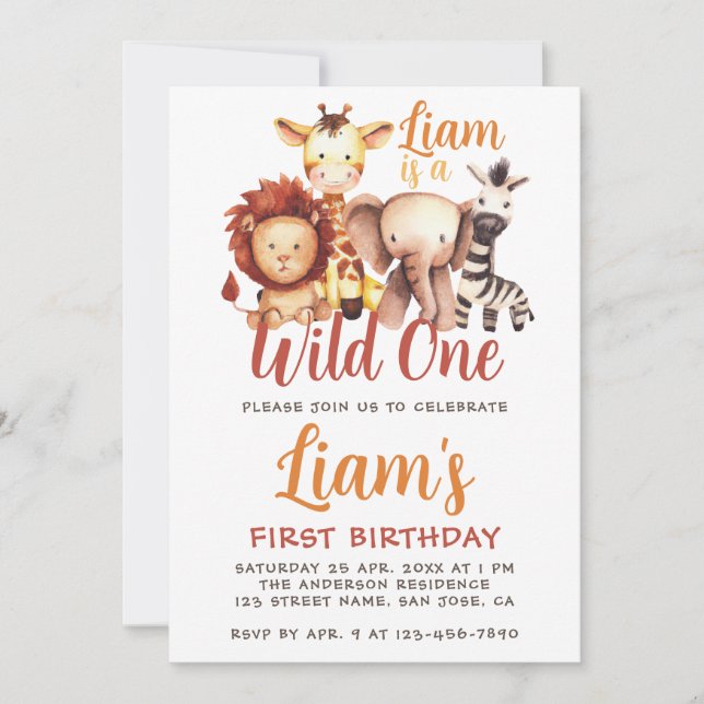 Wild One Safari Animal Lion Giraffe 1st Birthday Invitation (Front)