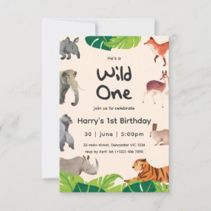 Wild One Safari Animals 1st Baby Boy Birthday Invitation