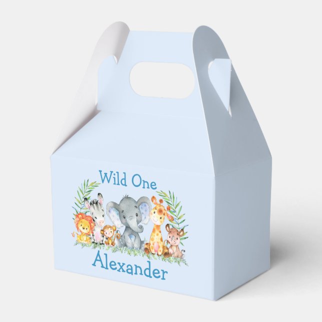 Wild One Safari Animals 1st Birthday Blue Favor Boxes (Front Side)