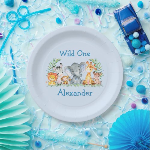 Wild One Safari Animals 1st Birthday Blue Paper Plates