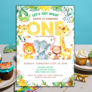 Wild One Safari Animals 1st Birthday Boys Invitation