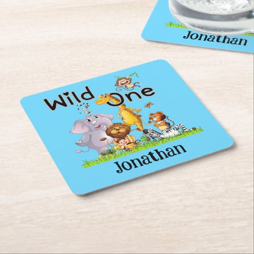 Wild One Safari Animals 1st Birthday cartoon Invit