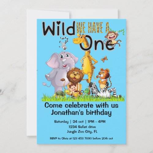 Wild One Safari Animals 1st Birthday cartoon Invitation