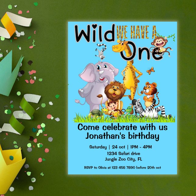 Wild One Safari Animals 1st Birthday cartoon Invitation (Creator Uploaded)