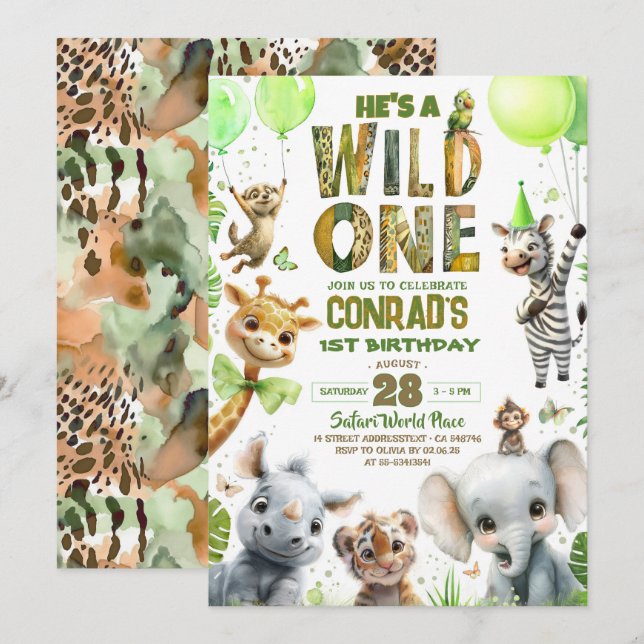 Wild One Safari Animals 1st Birthday Invitation (Front/Back)